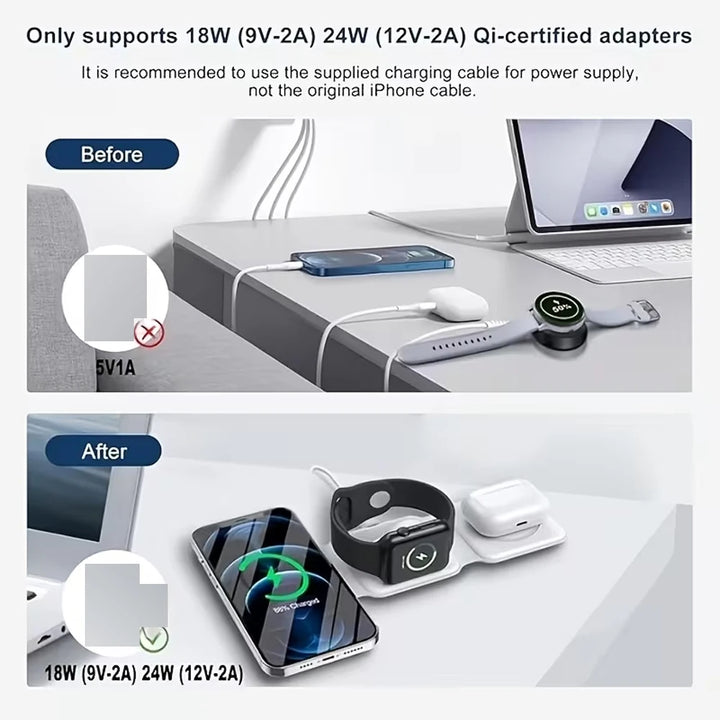 3 an 1 kabellos Opluedstatioun fir Apple MagSafe Charger, zesummeklappbare magnetesche Reescharger fir iPhone Apple Watch AirPods Pro