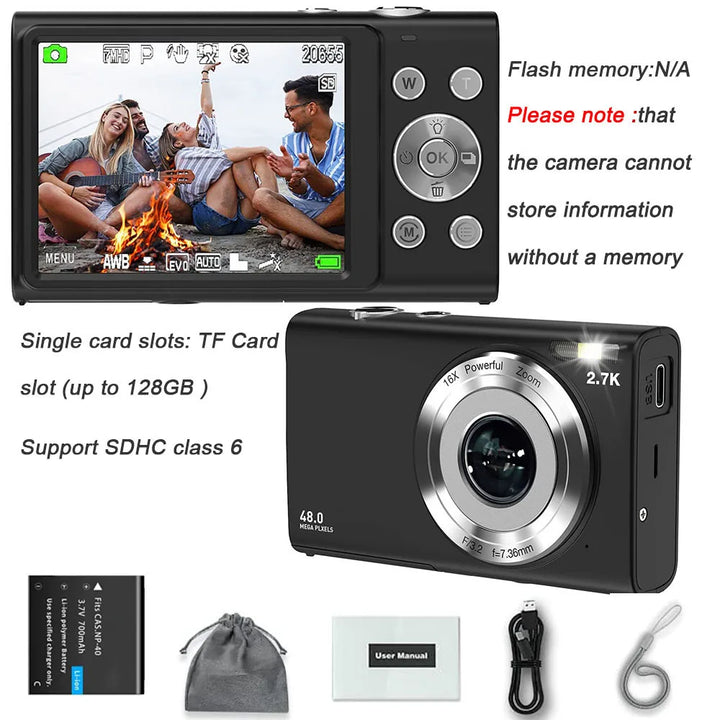 4K Digital Kamera Autofocus Vlogging Kamera HD 48MP mat 2.8" groussen Ecran Camcorder Kamera fir Fotografie fir Kanner an Erwuessener
