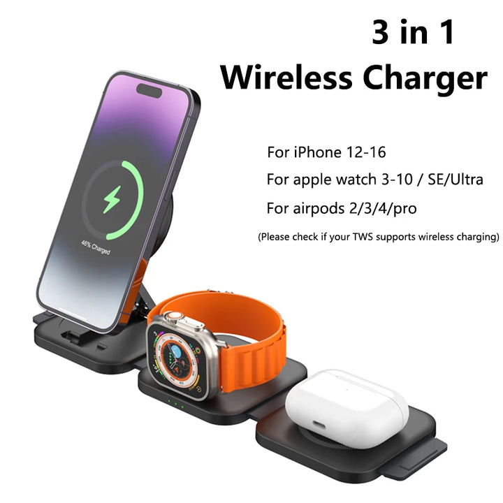3 in 1 Wireless Charger Magnetic For iPhone 16 15 14 13 12 Fast Charging Station Dock For Apple Watch 10 9 8 7 6 5 For Airpods