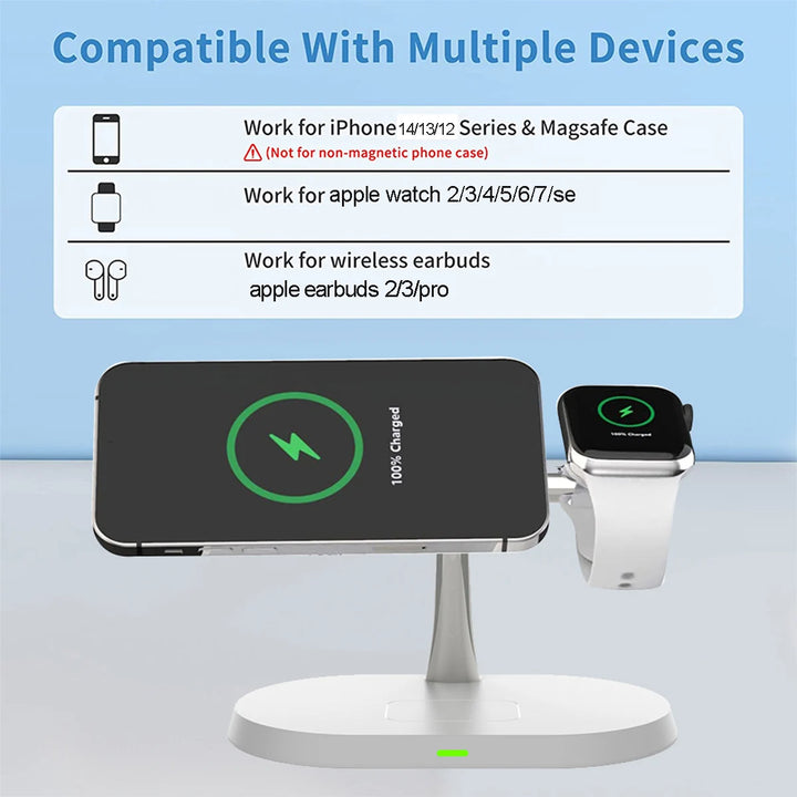 30W 3 An 1 Magnéitesch Wireless Opluedstatioun Dockingstatioun fir iPhone 14/15/16/17 Pro Max Apple Watch 8 7 6 Airpods Pro