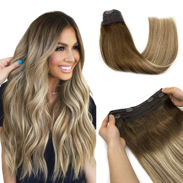 Wire in Hair Extensions Mënsch Hoer Glat Fësch Linn Natierlech Fusioun Hoer Extensions mat Clips Weft Hoer Extensions Fir Fraen
