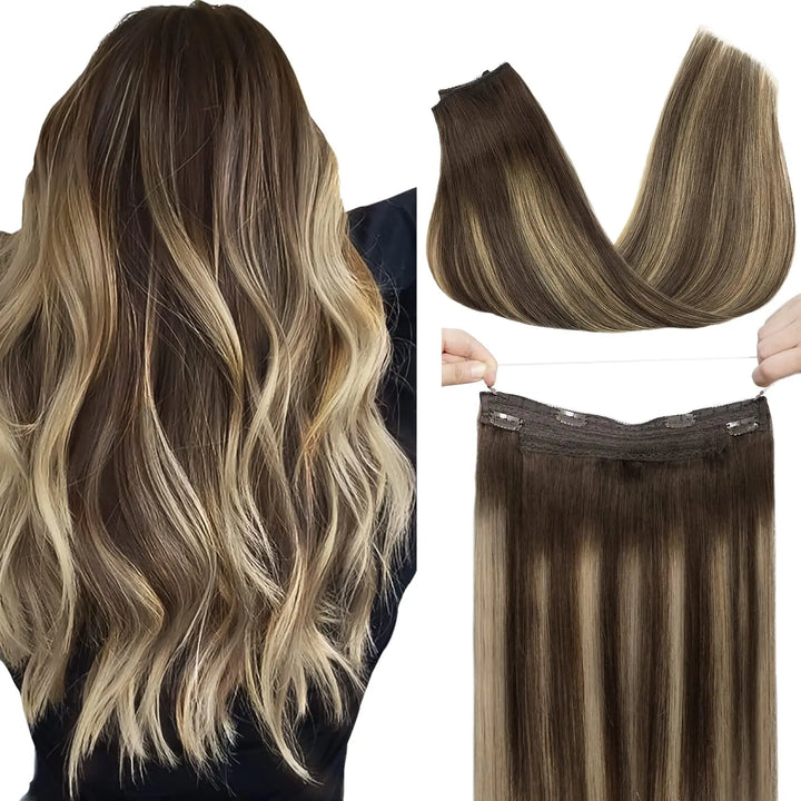 Wire in Hair Extensions Mënsch Hoer Glat Fësch Linn Natierlech Fusioun Hoer Extensions mat Clips Weft Hoer Extensions Fir Fraen