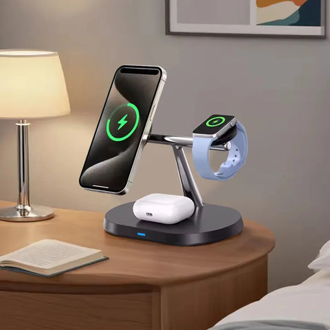 30W 3 An 1 Magnéitescht Drahtlost Ladegerät Fast Charging Dock Station fir iPhone14/15/16/17Pro Max Apple Watch 8 7 6 Airpods Pro