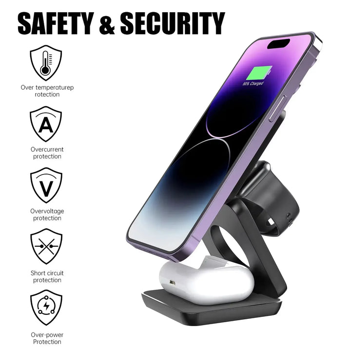 3 an 1 kabellosen Opluedstatioun Magnéitesch ausklappbar kabellos Opluedstatioun fir iPhone 16 15 14 13 Pro Max Apple Watch 8 9 Charger