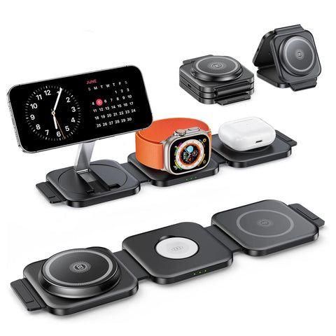 3 an 1 kabellosen Magnéit-Lueder fir iPhone 16 15 14 13 12 mat Schnellladungsstatioun fir Apple Watch 10 9 8 7 6 5 an Airpods
