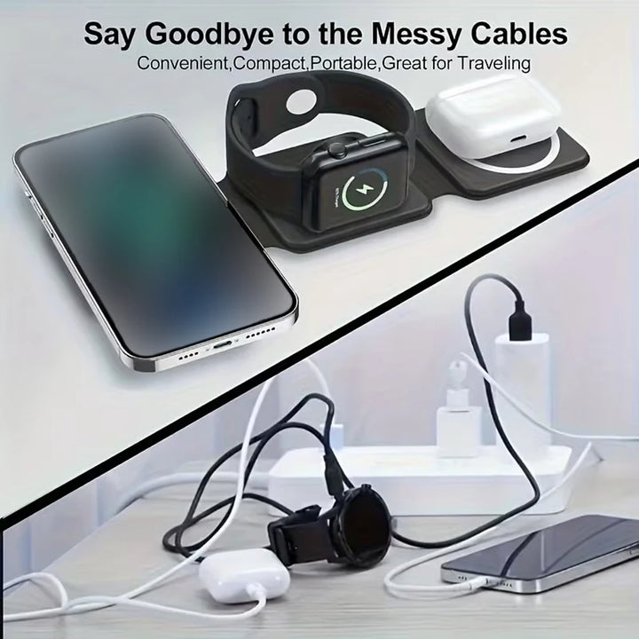 3 an 1 kabellos Opluedstatioun fir Apple MagSafe Charger, zesummeklappbare magnetesche Reescharger fir iPhone Apple Watch AirPods Pro
